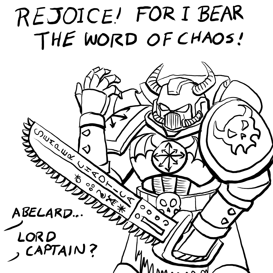 Mabristow's tweet photo. In the grim darkness of the Koronus Expanse, there is only Abelard.

#owlcatober #chaos #roguetrader #abelard #warhammer40k #October #art https://t.co/BEC9HDo7Em