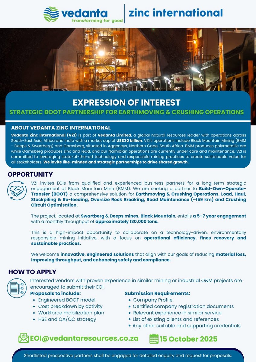 ZincVedanta's tweet photo. VZI invites Expressions of Interest (EOI)!

VZI is looking for experienced business partners to join us in a long-term BOOT partnership.

If you’re ready to partner with us on this strategic project, submit your #EOI to EOI@vedantaresources.co.za by 15 October 2025! https://t.co/hDYjSR0WND