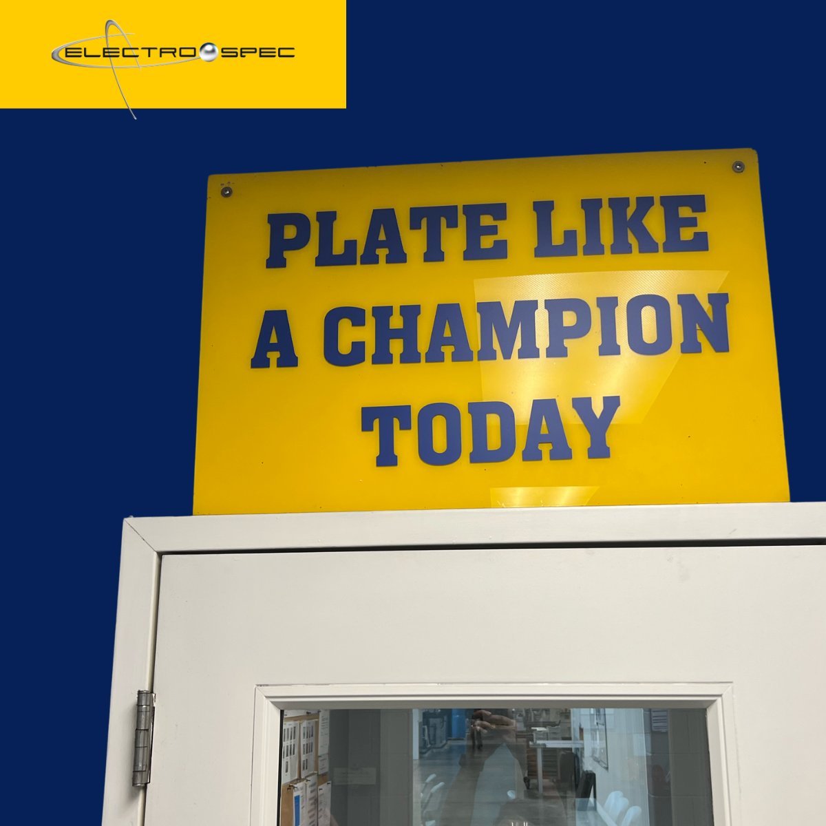 Electro_Spec's tweet photo. Our commitment every time we walk through the plant doors: plate like a champion today. 

Electro-Spec president Jeff Smith attended Notre Dame and brought their famous “play like a champion” sign that’s been inspiring players for decades into our plant. https://t.co/0LwxX4EWhm