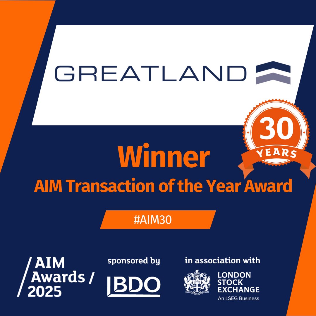Splendid for #GGP to be recognised as the winner of the AIM Transaction of the Year Award. 

Thank you to the AIM and LSE plus to the #Greatland team that all put in extraordinary effort to set the conditions for this outcome.