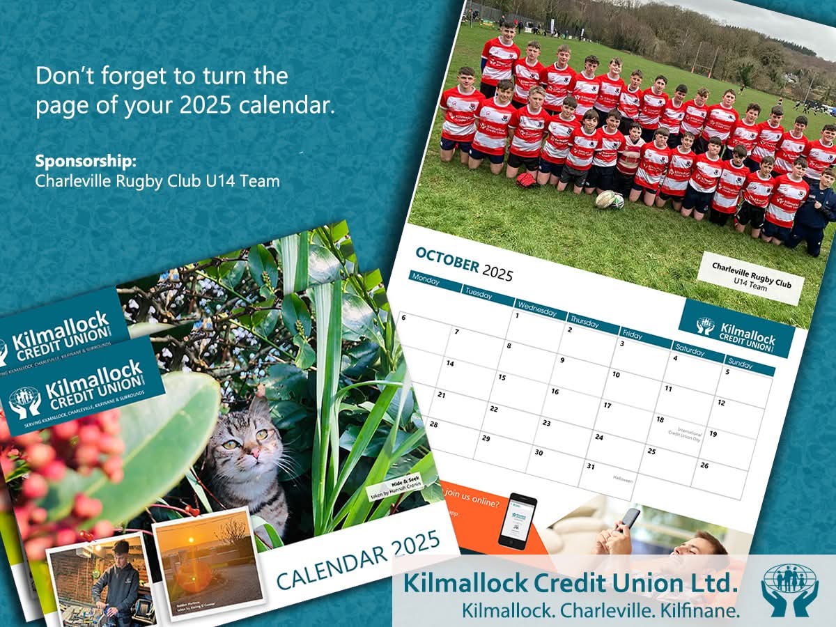 Happy 1st day of October 2025

Don't forget to turn the page of your Kilmallock Credit Union 2025 Calendar. 

Picture: Charleville Rugby Club U14 Team

#kilmallockcreditunion #calendar2025 #kilmallockcreditunioncalendar2025 #kilmallock #charleville #kilfinane