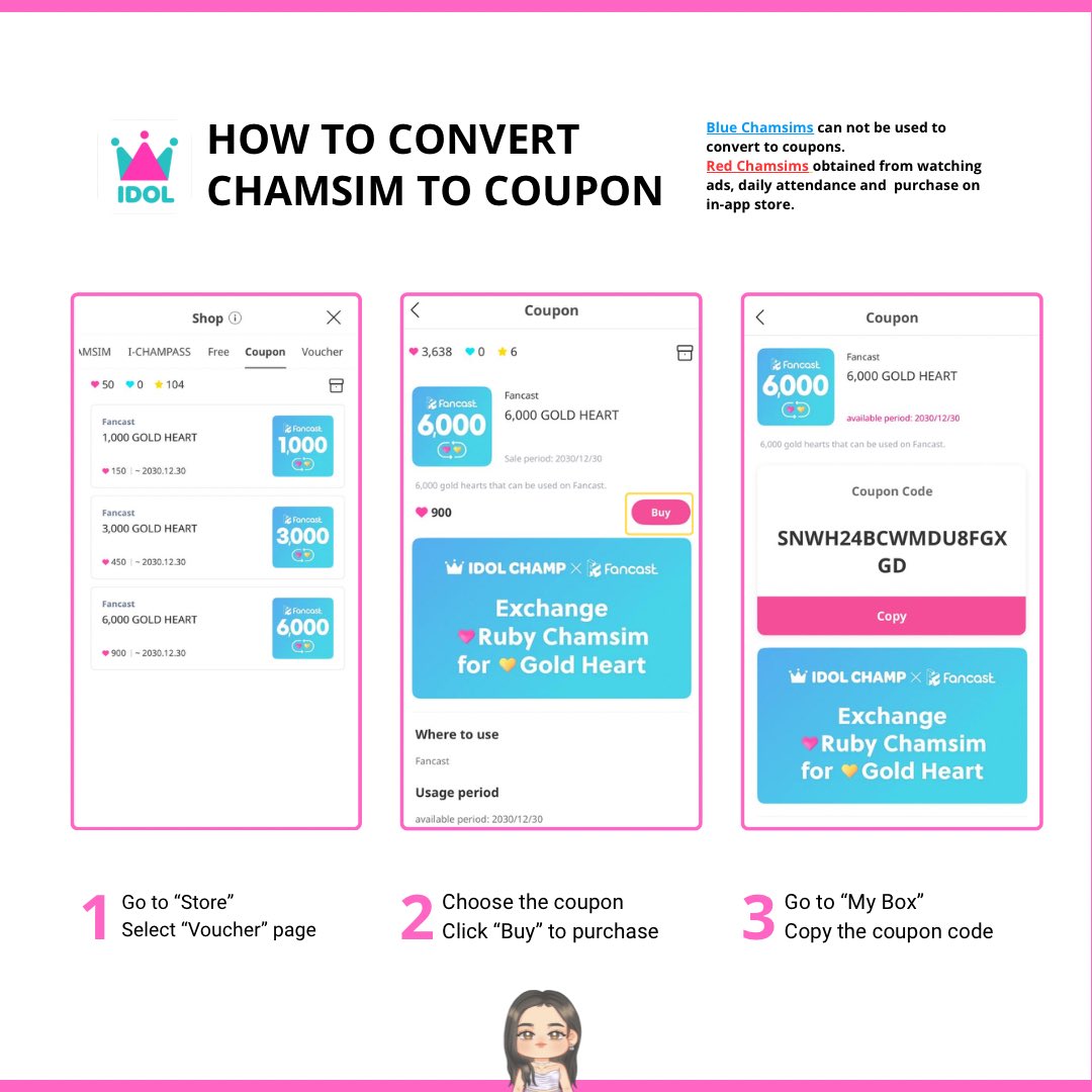We’re accepting Fancast coupons to vote for JIHYO 🗳️

✅ If you have Red Chamsims on Idol Champ, you can convert them into Fancast coupon.

✅ Send us your coupon codes, and we’ll input them for you.

Refer to the guide below on how to get your coupon.

#JIHYO #지효 <a href="/JYPETWICE/">TWICE</a>