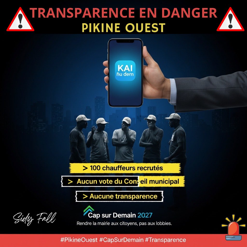SidySFall's tweet photo. 🚨 Pikine Ouest : transparence en danger !
100 chauffeurs recrutés… aucun conseil municipal informé 😡
Transports avec les chauffeurs, transparence totale !
Cap sur Demain 2027 ✊🏽

#PikineOuest #CapSurDemain #Transparence #sidyfall #Taximan #senegal #Transportsenegal https://t.co/U8jUVkHWsv