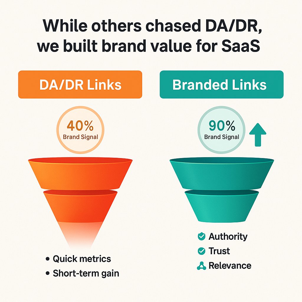 While others chased DA/DR, we built SaaS brand value. Branded links = higher authority, trust &amp; relevance (90% Brand Signal) vs DA/DR links (40%). Focus on quality &amp; relevance over vanity metrics. 

🚀 #SaaS #SEO #LinkBuilding #BrandSignals