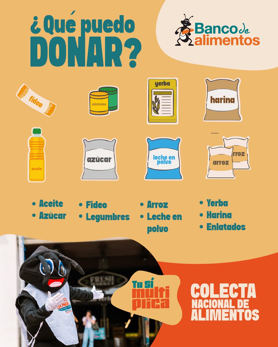 En #Superseis🍃 nos sumamos a la Colecta Nacional del Banco de Alimentos @bda_py 🙌🏻 vos podés ser parte donando alimentos no perecederos, en todos nuestros locales.🐜🤝
Podés donar:
🍚 Arroz
🍝 Fideos
🫘 Legumbres secas
🛢️ Aceite