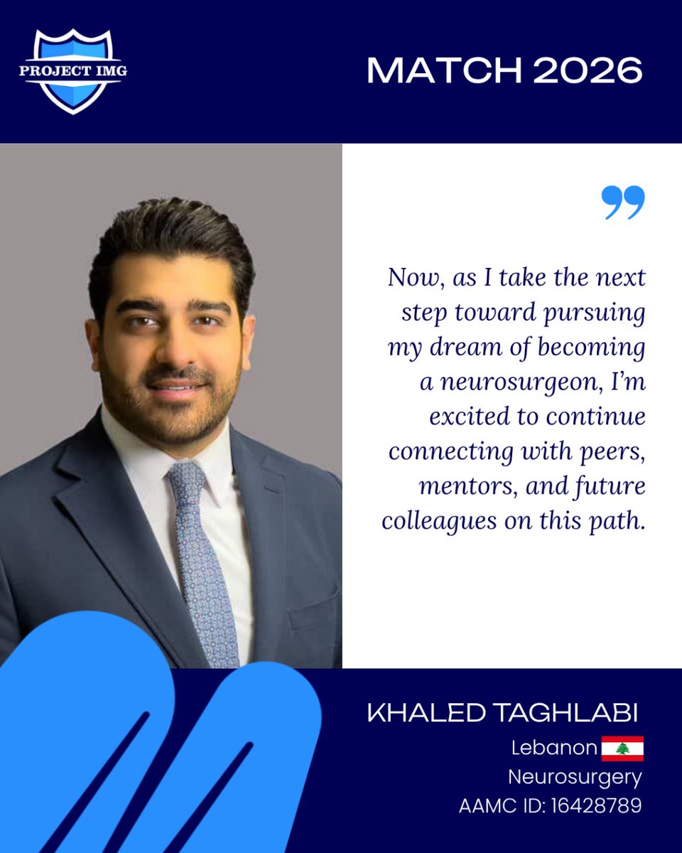 ProjectImg's tweet photo. Best wishes to Khaled Taghlabi in the upcoming #Match2026! Wishing you every success as you take this next step in your journey! 💙🩺
#ProjectIMG #IMG #NeuroSurgery https://t.co/69dlJxekWa