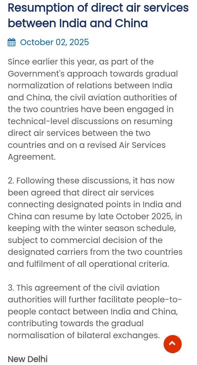 MEA confirms that direct air services between India and China are set to resume by late Oct 2025, aligning with winter schedule. This resumption is subject to the commercial decisions of the designated carriers from both countries and the fulfilment of operational requirements.