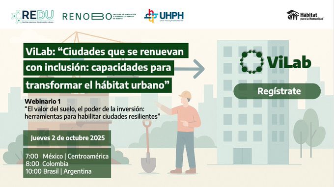 RenoBo_Bogota's tweet photo. 🔴EN VIVO
Webinario 1 del #ViLab "Ciudades que se renuevan con inclusión: capacidades para transformar el hábitat urbano." @RenoBo_Bogota @Habitat_LAC @PlataformaUHPH
Sigue la transmisión aquí 👇
https://t.co/EcVD0Ka8tH https://t.co/2x6pIwHQ1b