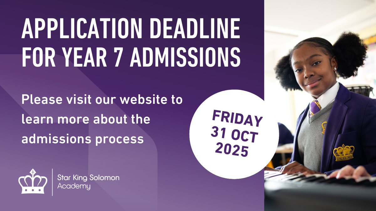 Tomorrow is the final day to apply for a Year 7 place at Star King Solomon Academy in 2026.

If you would like to learn more about the Year 7 admissions process, please visit our website: starkingsolomon.org/information/ad…

#WeAreStar #Transition