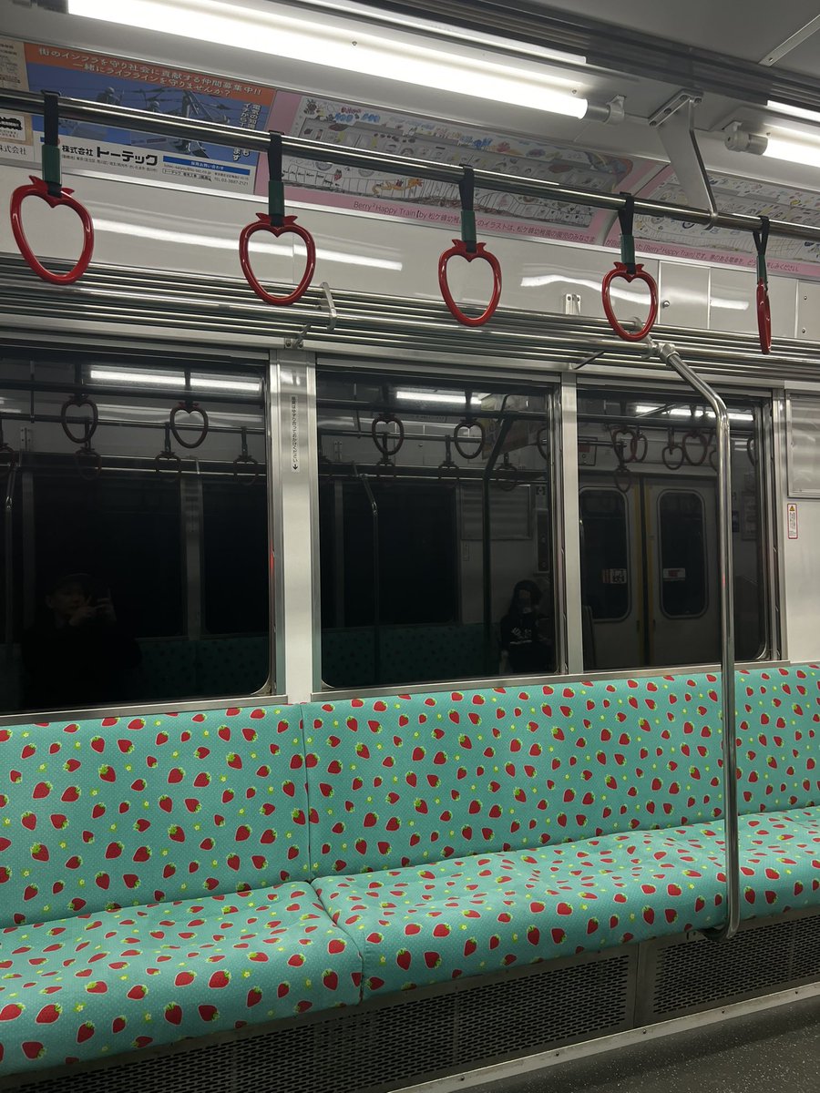 Pista49's tweet photo. 東武日光の車両って、シートもいちご🍓
吊り革も🍓 https://t.co/5Gec8kiovb
