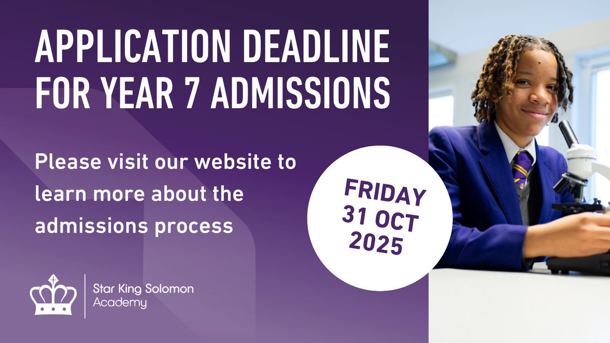 Today is your last chance to apply to join Star King Solomon Academy in September 2026. 

If you would like to learn more about the Year 7 admissions process, please visit our website: starkingsolomon.org/information/ad…

#WeAreStar #FindYourStar
