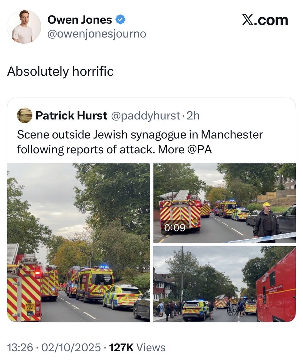 The absolute gall of Owen Jones - a man who goes on rants that Zionists, i.e. the vast majority of Jews, are “genocide defenders and apologists.”

This is what “globalize the intifada” means. This is the result of your disgusting rhetoric, <a href="/owenjonesjourno/">Owen Jones</a>.