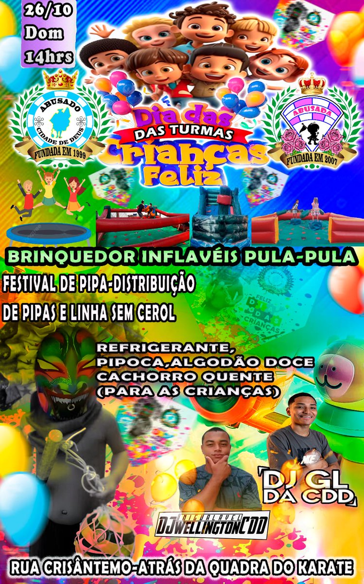 Dia 26 de outubro vamos fazer uma brincadeira pras crianças..
Festival de  pipa 🪁 destruição de pipas linha sem Cerol Etc.. 
Espero todos amigos lá pra passar esse domingo maravilhoso com agente leve suas crianças..😎✌🏻💟☮️🎭✨