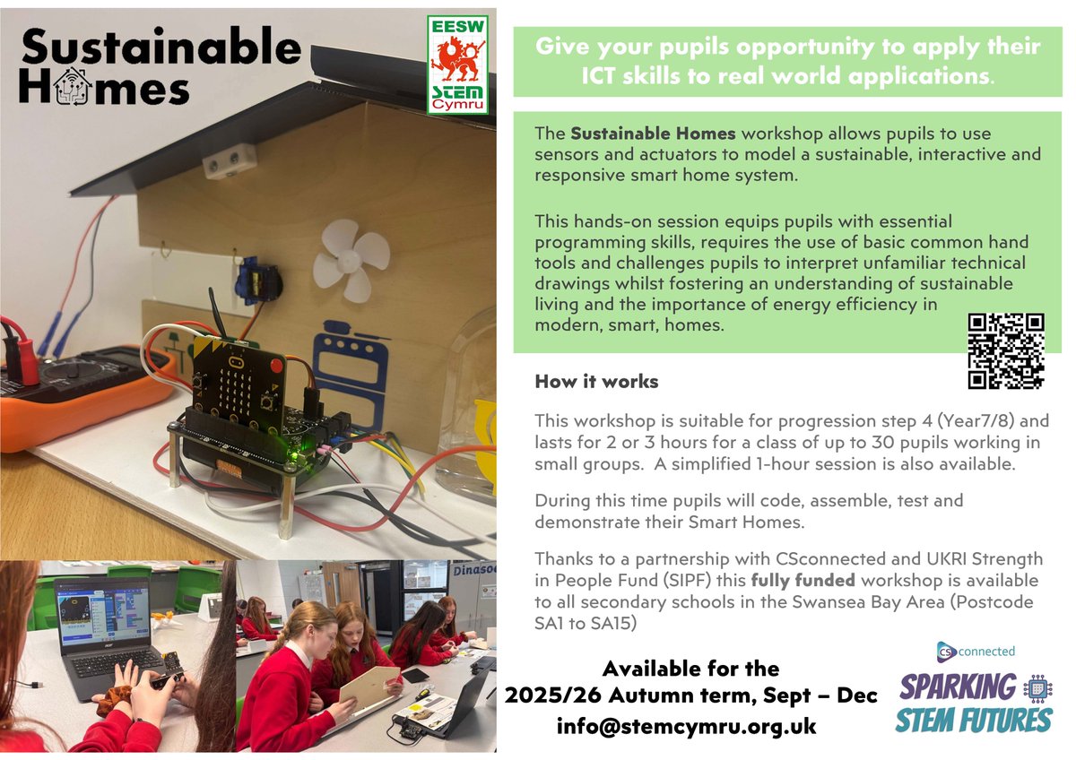 EESWSTEMCymru's tweet image. Pupils bring ICT to life in our Sustainable Homes Workshop—coding, building &amp;amp; testing smart homes with sensors &amp;amp; actuators.
Free for Swansea Bay schools (SA1–SA15), Autumn 2025, thanks to @CSconnected &amp;amp; UKRI SIPF
#sustainablehomes #sparkingstemfutures #eeswstemcymru #csconnected