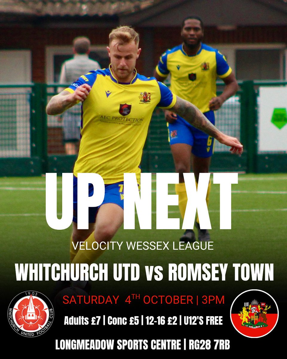 Romseytownfc1's tweet photo. Up Next ⏭️ It’s a big one ⬇️
Whitchurch Utd 🆚 Romsey Town
📆Saturday 4th October | 3pm | @WessexLeague
🏟️ Longmeadow Sports Centre | RG28 7RB
🎟️ Adults £7 | Conc £5 | 12-16 £2 | U12’s FREE
#romseyontheroad #toptwo https://t.co/wlIwoqZ21H