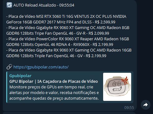 gpubipolar's tweet image. Usem o Auto Reload com notificações no Telegram. O preço da 9060 XT 16 GB se repetiu e, como estou postando manualmente aqui no X, nem deu tempo de publicar.

#dicas