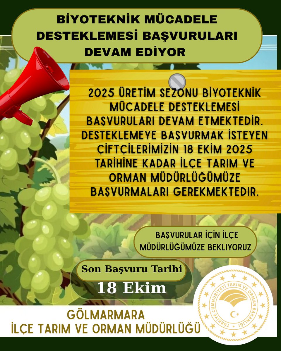 2025 üretim Sezonu Biyoteknik Mücadele Desteklemesi başvuruları devam etmektedir. Desteklemeye başvurmak isteyen çiftçilerimizi 18 EKİM 2025 tarihine kadar İlçe Tarım ve Orman Müdürlüğümüze bekliyoruz📣📣📣
<a href="/ibrahimyumakli/">İbrahim Yumaklı</a> <a href="/TCTarim/">T.C. Tarım ve Orman Bakanlığı</a> <a href="/mkarayilan27/">MANİSA TARIM VE ORMAN İL MÜDÜRÜ</a> <a href="/TarimManisa/">Manisa İl Tarım ve Orman Müdürlüğü</a> #gölmarmara #manisa