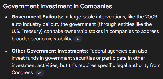 Intel takes massive $10 Billion markdown 

U.S. Government injects $10 Billion thru CHIPS/investment

Here in the biz, we call that a bailout