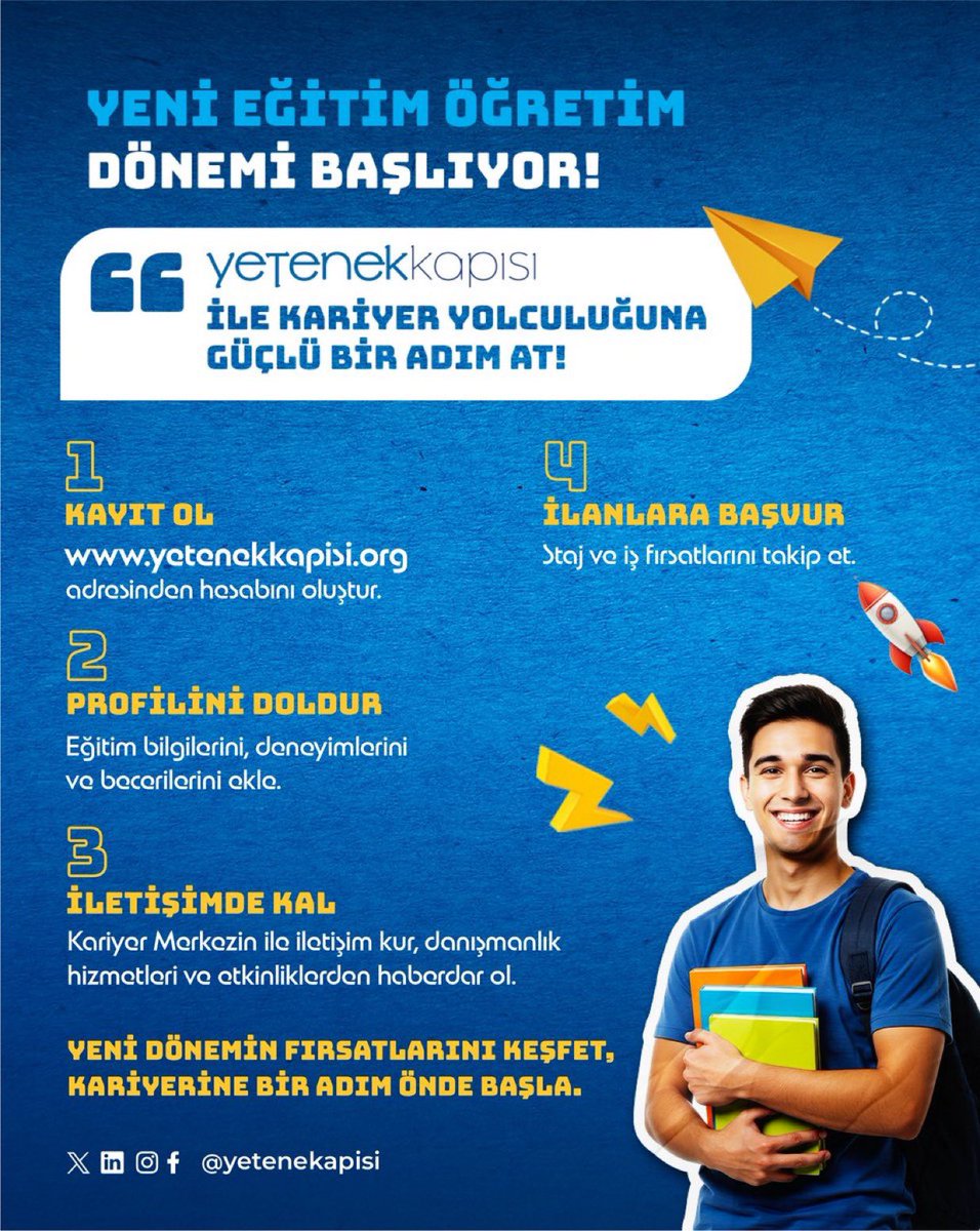 Genç üniversiteli! #YetenekKapısı ile kariyer etkinliklerinden haberdar olabilir, danışmanlık hizmetinden faydalanabilir, iş/staj ilanlarını takip edebilirsin. Profilini oluşturmaya hemen başla. 🤓

🔗 yetenekkapisi.org 

Yeni eğitim öğretim döneminde başarılar dileriz. 💫