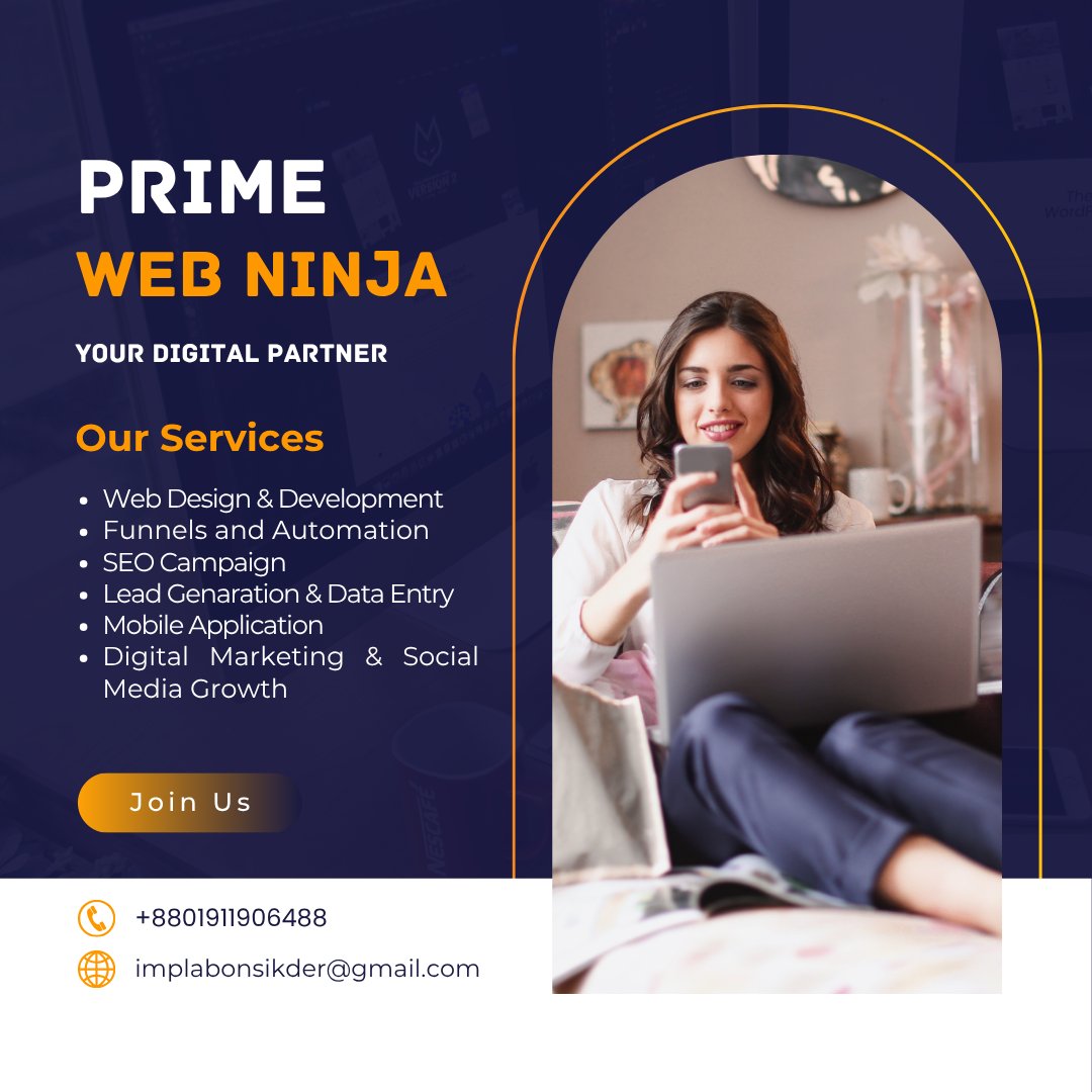 implabonsikder's tweet image. 🚀 Ready to take your business to the next level?

At PRIME WEB NINJA, we offer:

💻 Web Design &amp;amp; Development
⚡ Funnels &amp;amp; Automation
📊 Digital Marketing

implabonsikder@gmail.com | primewebninja.com
#DigitalMarketing #WebDesign #WebDevelopment #upwork