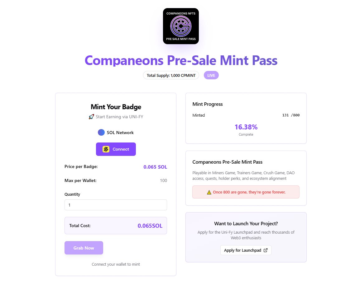 Uni-Fy (@unify_io) on Twitter photo 🚀 GM The <a href="/Companeons/">COMPANEONS NFTS | MINT LIVE</a> Presale is LIVE on the Uni-Fy Launchpad!
Step into the gamified universe (not Pokémon 👀) with mini-games + massive utility.
To celebrate, we’re running a Mint-to-Win Giveaway 🎁
🏆 5 Lucky Minters will each get: 25x Mystery Keys and Lazer Engraved Dog 🚀 GM The <a href="/Companeons/">COMPANEONS NFTS | MINT LIVE</a> Presale is LIVE on the Uni-Fy Launchpad!
Step into the gamified universe (not Pokémon 👀) with mini-games + massive utility.
To celebrate, we’re running a Mint-to-Win Giveaway 🎁
🏆 5 Lucky Minters will each get: 25x Mystery Keys and Lazer Engraved Dog