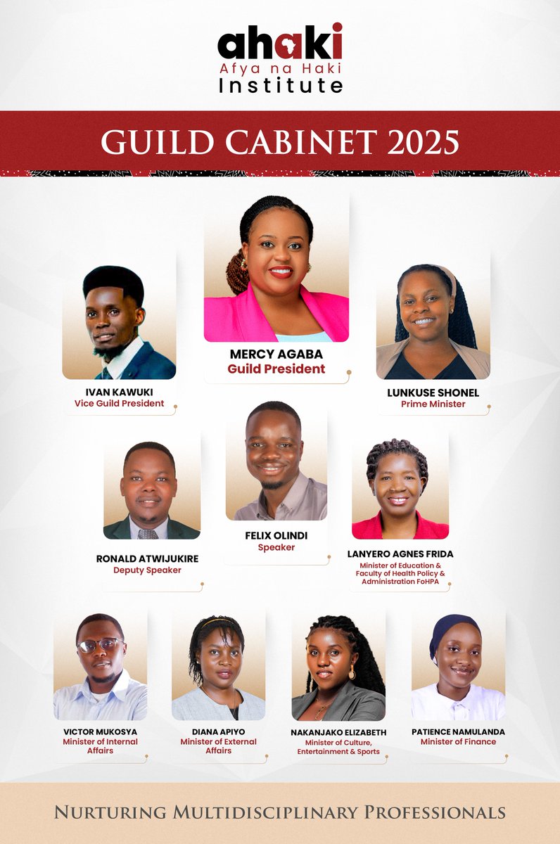 Introducing the <a href="/Ahakiinstitute/">Ahaki Institute</a> Guild Cabinet 2025! 🎉
This energetic team of student leaders will represent the voices of the Institute and lead initiatives that foster multidisciplinary growth. Headed by Guild President Mercy Agaba, the cabinet unites diverse talents in policy,