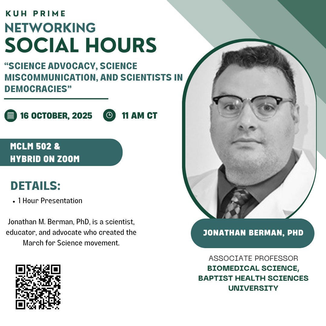 KUH PRIME (@kuhprime) on Twitter photo Attention #KUHmmunity! Attend KUH PRIME Networking Social Hours on October 16 11AM CT/12PM ET for "Science Advocacy, Science Miscommunication, and Scientists in Democracies" featuring Dr. Jonathan Berman.
Register Now: uab.zoom.us/meeting/regist… Attention #KUHmmunity! Attend KUH PRIME Networking Social Hours on October 16 11AM CT/12PM ET for "Science Advocacy, Science Miscommunication, and Scientists in Democracies" featuring Dr. Jonathan Berman.
Register Now: uab.zoom.us/meeting/regist…