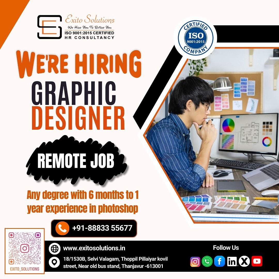 exitoashwin's tweet image. HIRING GRAPHIC DESIGNER 
CALL 8883355677

#exitosolutions #tamil #tanjore #thanjavur