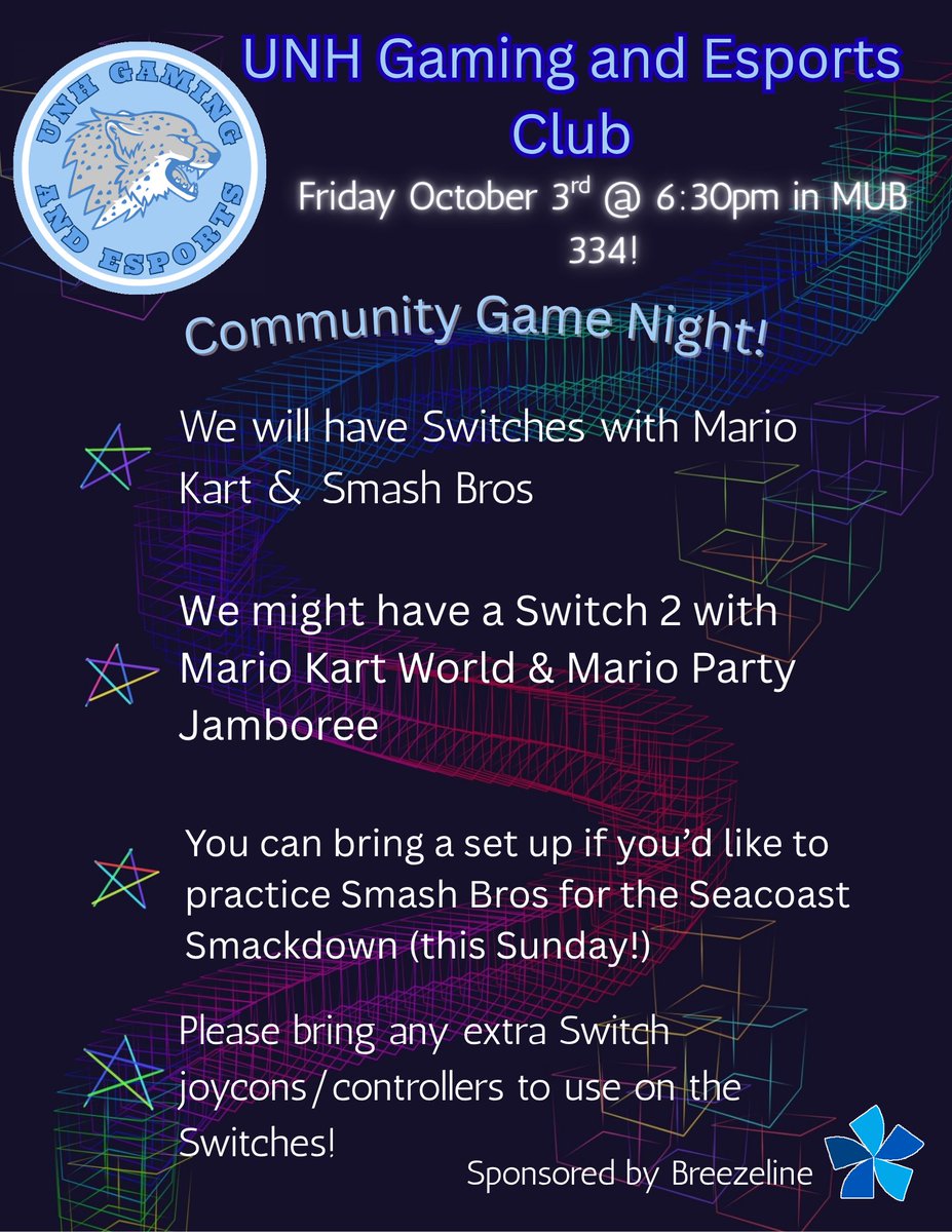 Join us for Community Game Night!

Also: this Sunday, Oct. 5th is the first Seacoast Smackdown of the semester! 6/16 spots for Melee are filled &amp; 19/24 spots for Ultimate are filled, there is still time to register! Registration link: start.gg/seacoast