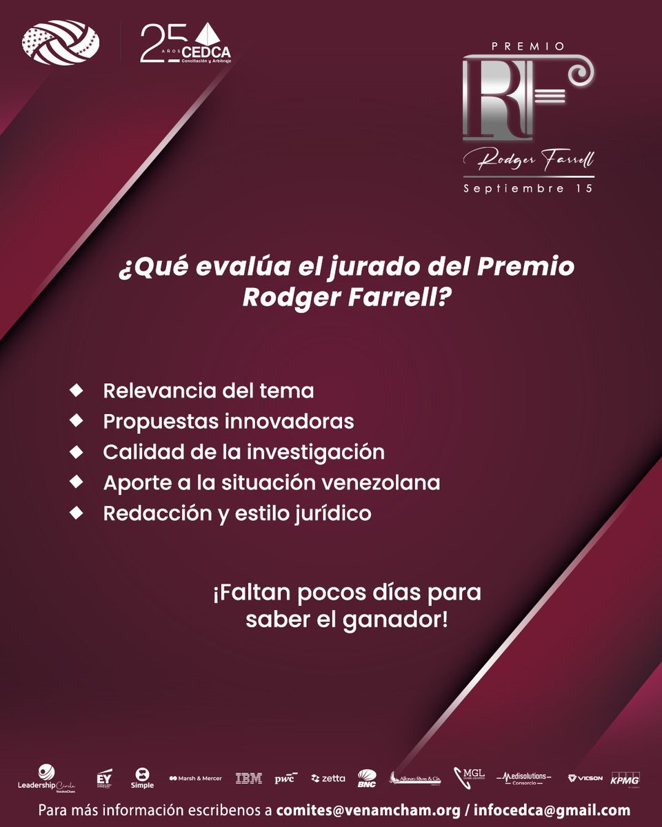 ¿Quieres saber qué buscan los jurados del Premio Rodger Farrell? 🤔

Los expertos evaluarán cada trabajo basándose en criterios clave.

#PremioRodgerFarrell #VenAmCham #CEDCA #InvestigacionJuridica #ResolucionDeConflictos #Mediacion #Arbitraje