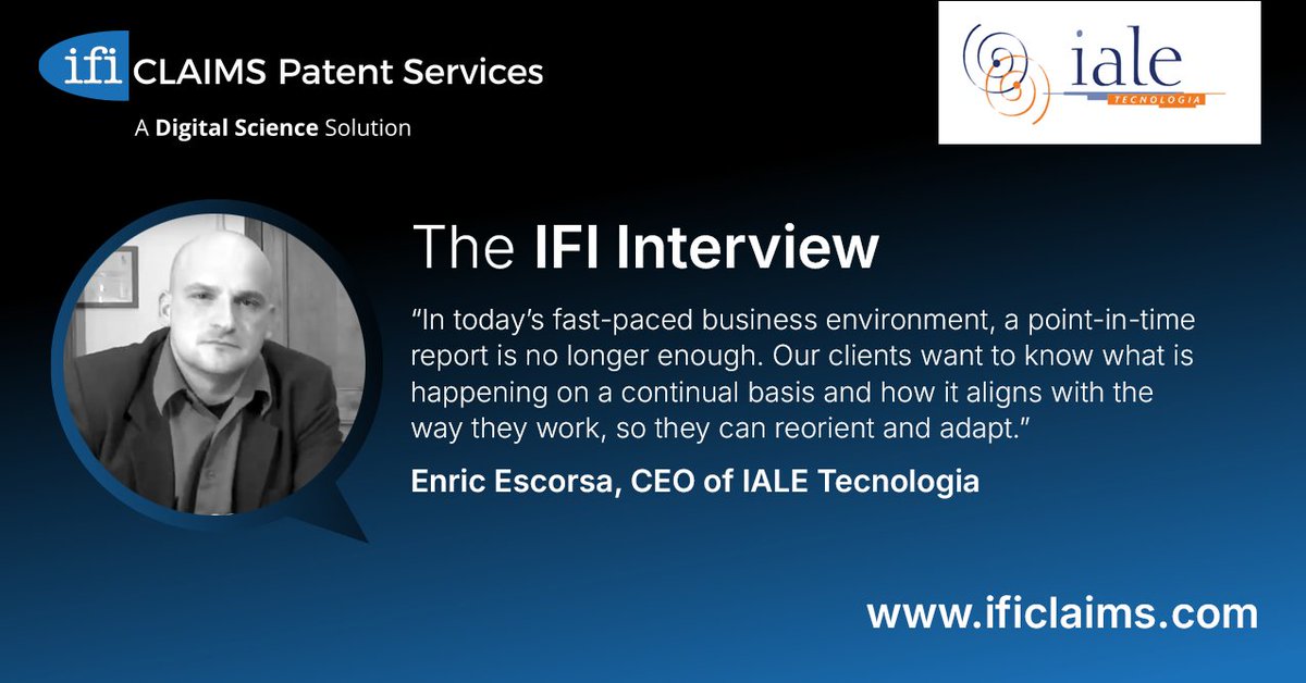 IFI CLAIMS Patent Services (@ificlaims) on Twitter photo IFI’s latest interview features Enric Escorsa, CEO of <a href="/ialeT/">IALE Tecnología</a>. “We still need plenty of human intelligence,” he told us in a recent conversation. Find out why and learn about Escorsa’s journey from landscape architect to technology scout here: ificlaims.com/news/the-ifi-i… IFI’s latest interview features Enric Escorsa, CEO of <a href="/ialeT/">IALE Tecnología</a>. “We still need plenty of human intelligence,” he told us in a recent conversation. Find out why and learn about Escorsa’s journey from landscape architect to technology scout here: ificlaims.com/news/the-ifi-i…