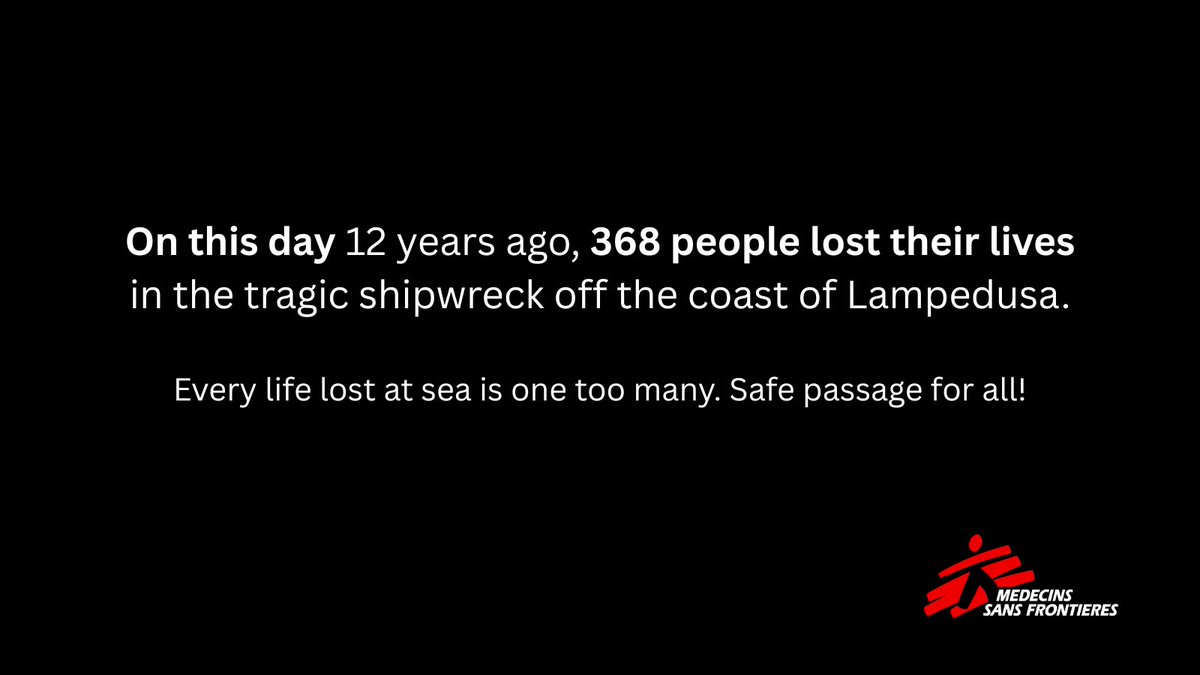 ⚫️12 years ago, 368 people lost their lives in a tragic shipwreck off the coast of Lampedusa. 

Preventable deaths at sea have not stopped. 25,470 people have gone missing in the central Mediterranean since 2014.

We must not forget.