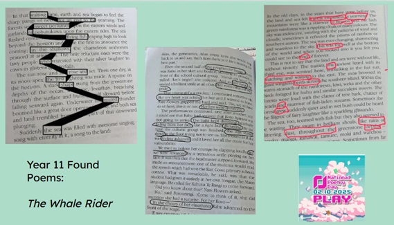 BGS_EnglishDept's tweet photo. #BGSYear11 had a go at some found poetry this morning, using their study text 'The Whale Rider' as a source text. The lyrical nature of the prose makes it a great choice, and this task helps us see the text from a new angle. #BGSThinksDifferently https://t.co/qynBvXT30U