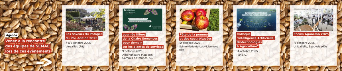 🍁 En octobre, SEMAE va à votre rencontre🌱
4-5/10 – Saveurs du Potager du Roi
9/10 – Journée filière Chaire Semences pour demain
12/10 – Fête de la pomme &amp; cucurbitacées
14/10 – Colloque IA, Biotechs &amp; Agriculture
16/10  – Forum AgoraJob 2025
Et vous, on se croise où ? 👋