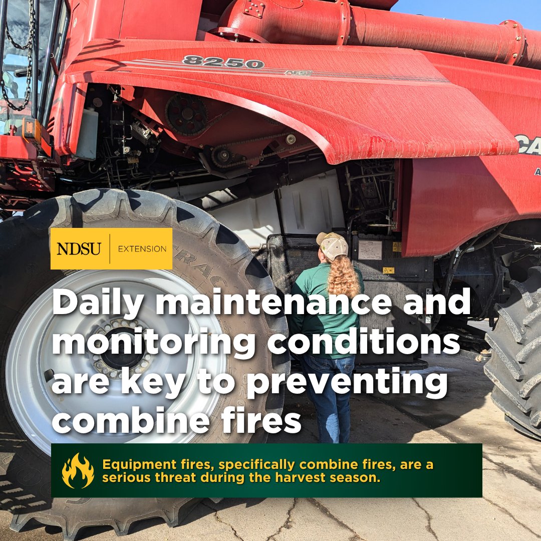NDSUExtension's tweet image. “Equipment fires, specifically combine fires, are a serious threat  during the harvest season,” says Johnson. “No one wants to lose their  combine or the remaining unharvested crop in the field due to fire. The  biggest risk, however, is the loss of human life, as combines, crops…