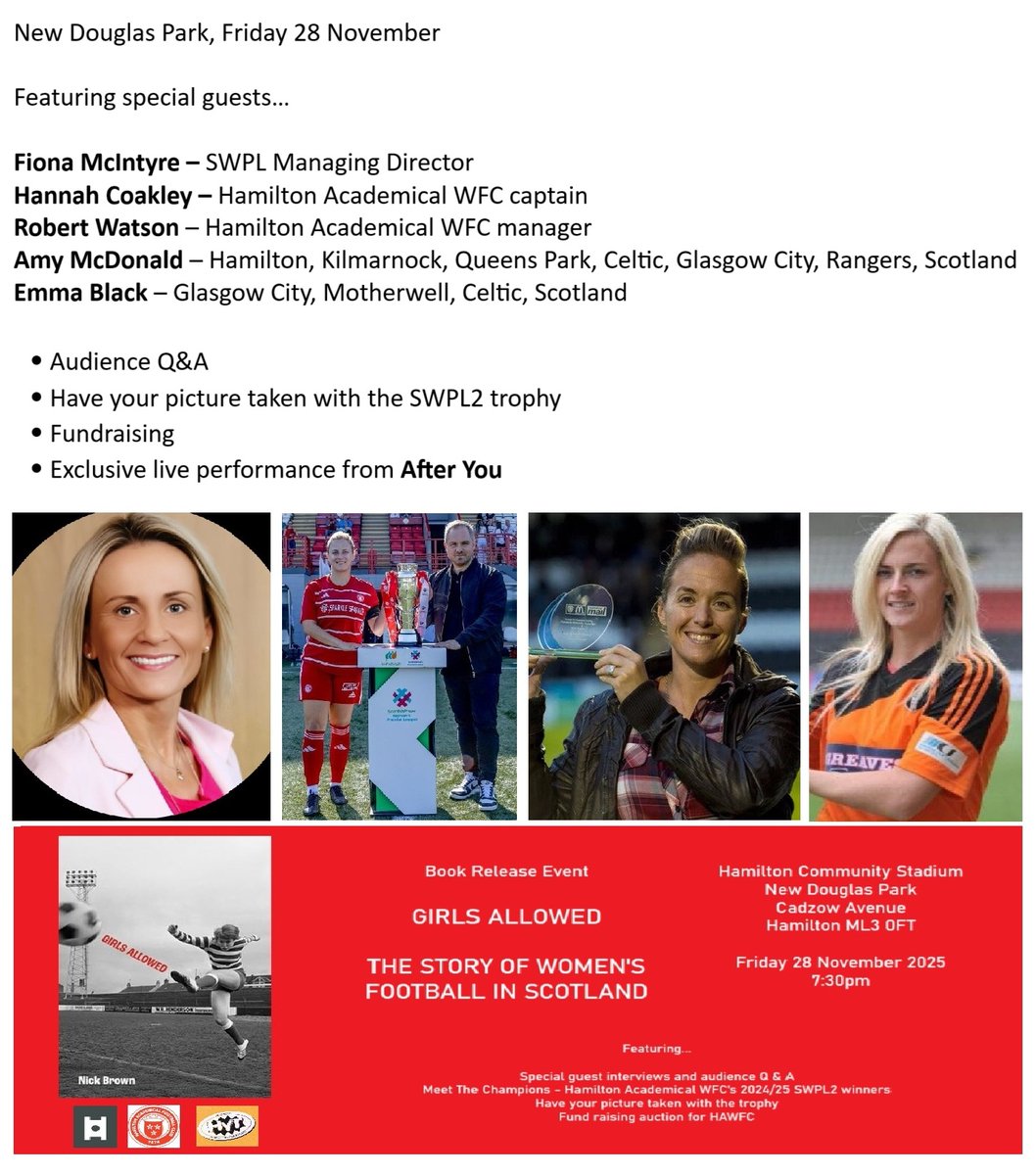 Is there anything better than an evening talking football followed by a rousing singalong?

No, thought not.

Delighted to say that local rockers <a href="/after_youband/">AfterYou</a> will be giving us an exclusive performance

Tickets here...
ticketsource.co.uk/whats-on/hamil…

<a href="/accieswfc/">Hamilton Academical Womens Football Club</a> <a href="/HalcyonPublish1/">Halcyon Publishing</a>