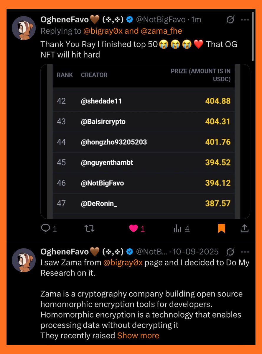 Some said <a href="/zama_fhe/">Zama</a> is not for small creators 🙂‍↕️

Some said Zama won’t pick contents with low impressions.

But my community guys at EliteDAO <a href="/muyi_eth/">𝓜𝓾𝔂𝓲</a> won OG NFT and <a href="/bestakp_/">Best Mine</a> won OG NFT and $255 in cash prizes.

Even a new follower who saw Zama on my page middle of last