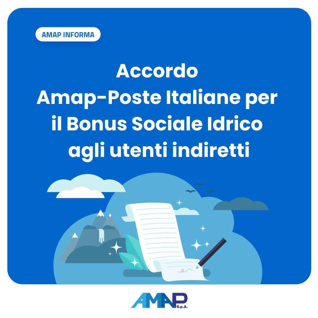 🔵 #amapinforma
Amap ha sottoscritto un accordo con Poste Italiane che servirà ad avviare il riconoscimento del cosiddetto “Bonus Sociale Idrico” per tutti gli utenti condominiali e quindi non legati direttamente da contratto con AMAP.
Leggi la news completa: