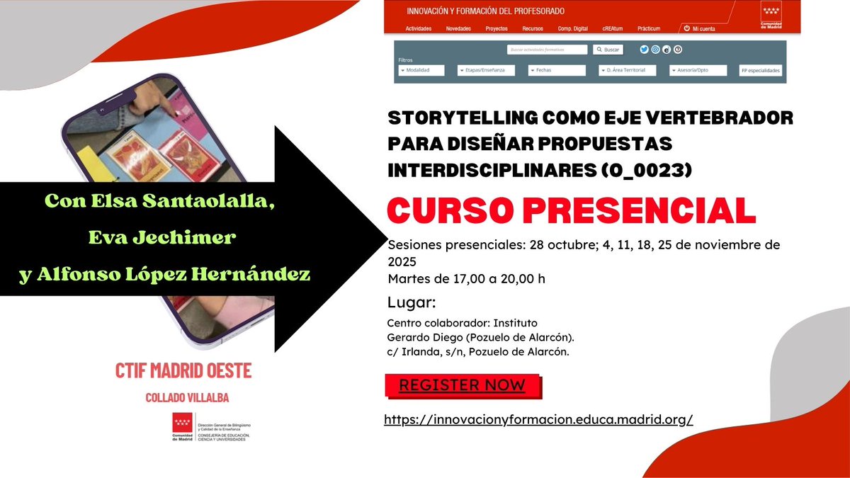 ‼️LAS PLAZAS SE AGOTAN‼️
Elsa Santaolalla, Eva Jechimer y Alfonso López Hernández compartiendo una Buena práctica: 
             ¡Matemáticas, inglés y storytelling! 
innovacionyformacion.educa.madrid.org/actividades/st…

📷IES Gerardo Diego (Pozuelo) 
4, 11, 18, 25 de nov. 25 
#IF_CMadrid #CTIF_MadridOeste