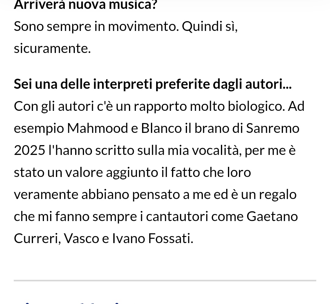 MariaclaraPra1's tweet image. 'Mahmood e Blanco hanno scritto il brano di Sanremo 2025 sulla mia vocalità, per me è stato un valore aggiunto e un regalo che loro veramente abbiano pensato a me...' ✨️ #noemi #mahmood #blanco🧡