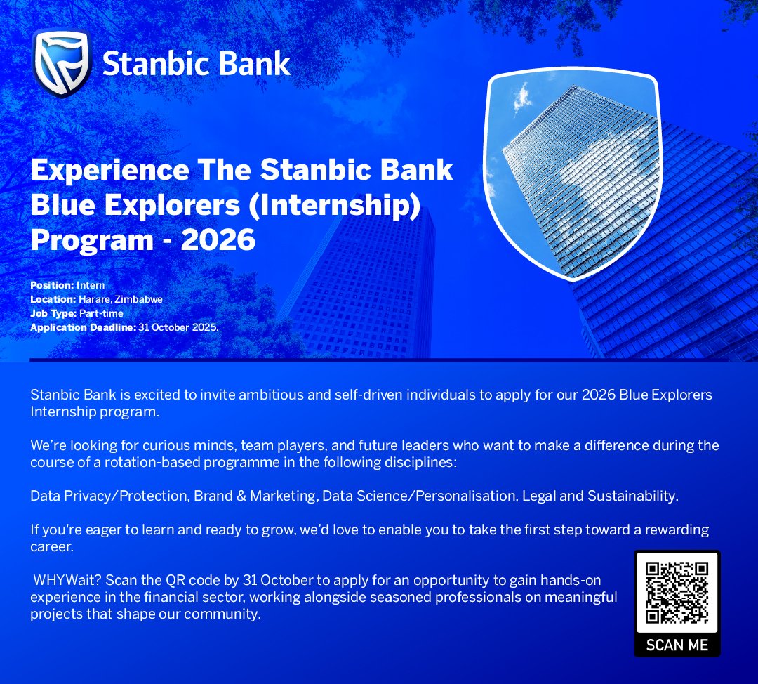 StanbicBankZW's tweet image. #WHYWait ? Take the first step toward shaping your future with the Stanbic Bank Zimbabwe Blue Explorers Internship Program 2026. 

This is more than an internship—it’s a chance to gain hands-on experience, sharpen your skills, and grow under the guidance of seasoned professionals