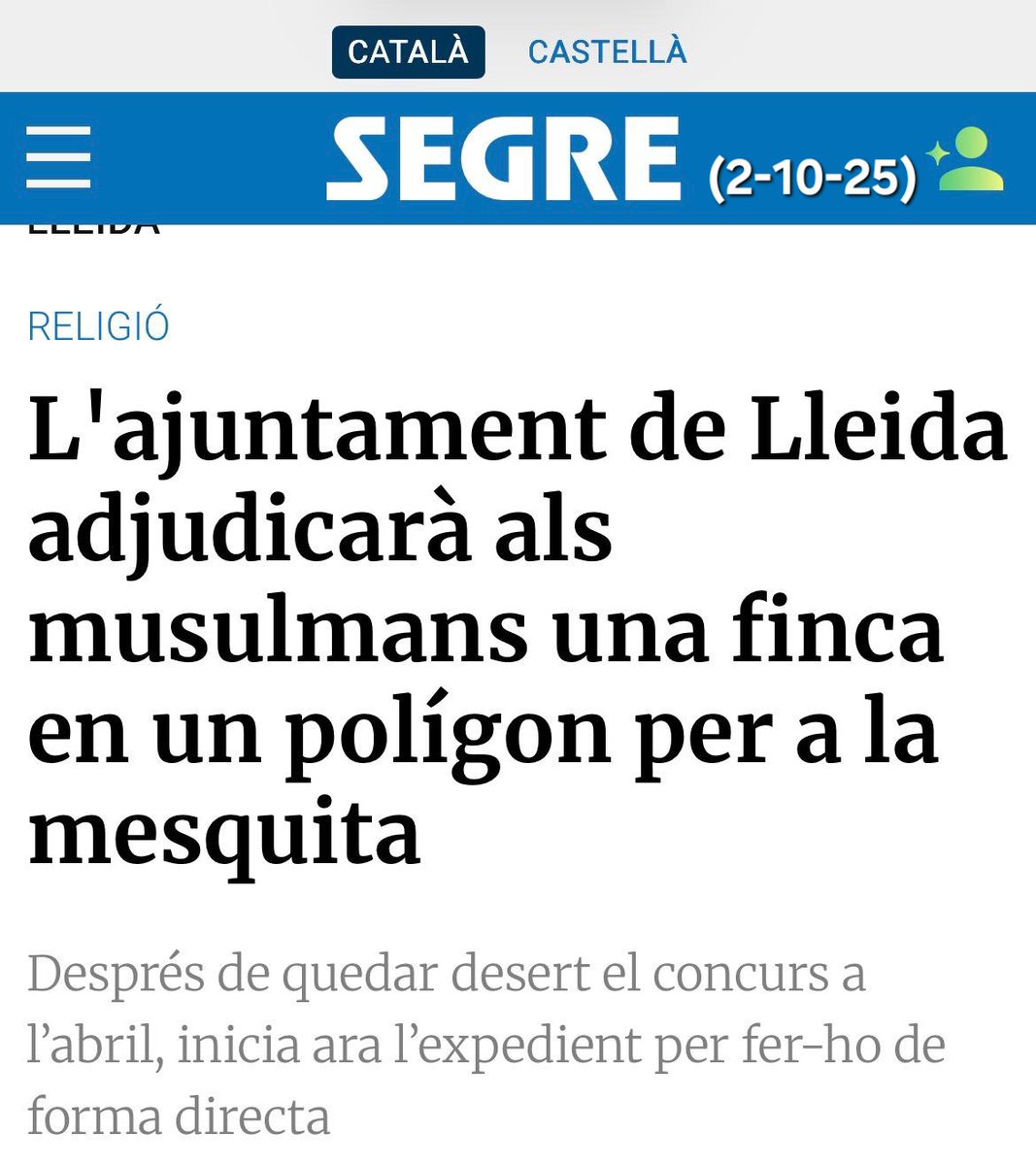 Vergonya a Lleida‼️

El PSOE de <a href="/flarrosa/">Fèlix Larrosa</a> cedeix a l’islamisme: adjudica directament un solar públic a la Comunitat Islàmica per una mesquita (50 anys) després d’un concurs desert. Prioritzen l’integrisme i la segregació abans que els lleidatans!

💙#SalvemLleida