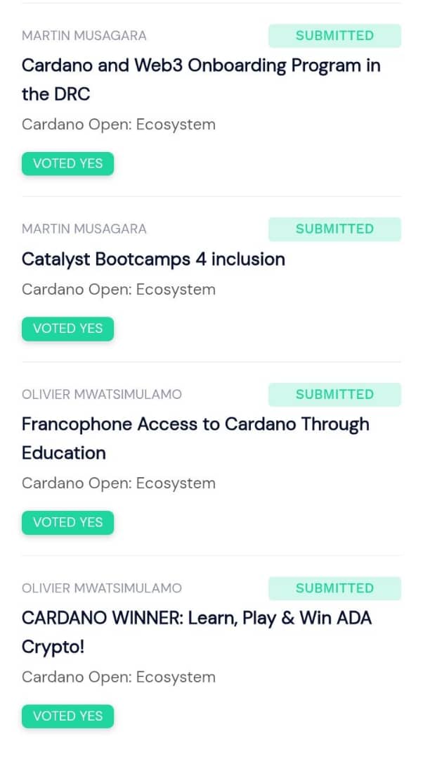 <a href="/OlivierMWATSIM1/">Olivier Mwatsimulamo</a> <a href="/gomadrep/">GOMA || SPO || DRep</a> <a href="/TokenMithrandir/">Token MITHRANDIR - Tokens</a> <a href="/Goyouthstartup/">Goma Youth Startup</a> <a href="/Pax_pool2025/">Stake for PAX</a> <a href="/EuCardano/">European Cardano Community</a> <a href="/africa_townhall/">Catalyst Africa Town Hall</a> <a href="/LatamCardano/">LATAM Cardano Community</a> <a href="/VietnamCardano/">Cardano Vietnam</a> Write only Goma in the catalyst apps,  you Will see two proposals, after this you write phrancophone and you take the two first proposals