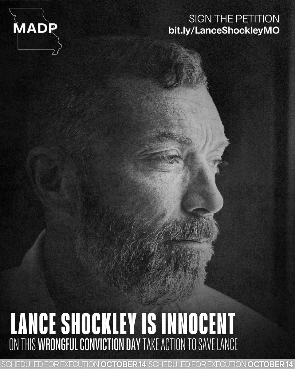 Every number has a name. Every case has a human life.
Right now, 3 wrongfully convicted people are scheduled for ex*cution in the coming weeks.
Lance Shockley is first in line— set for Oct 14 in Missouri. #WrongfulConvictionDay