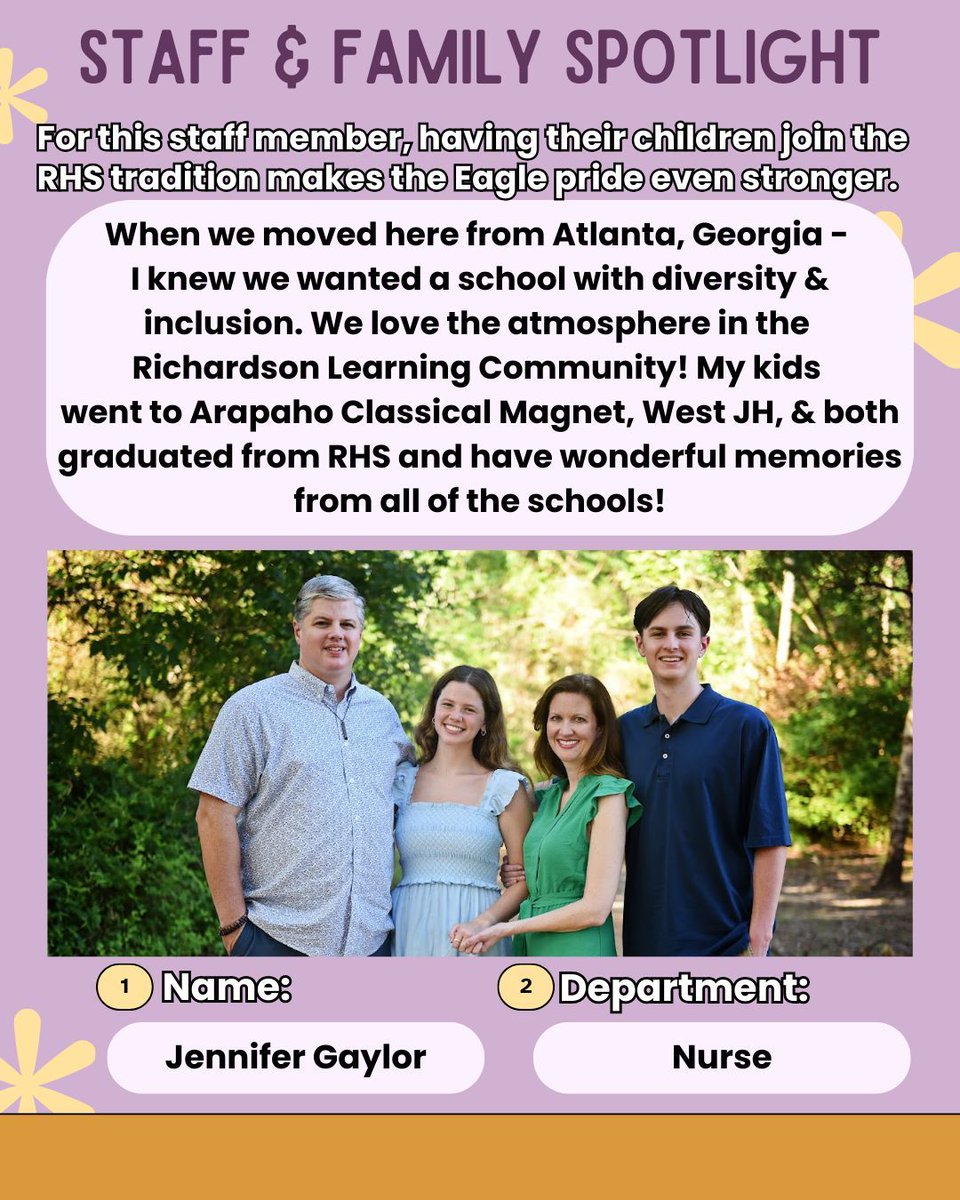 Richardson HS (@richardsonhs1) on Twitter photo This spotlight series is all about staff who knew RHS was the right place for their children, too. 💜#RISDDreamBig #RISDGreatness #EaglesElevate #RISDInsiders <a href="/jengaylor/">Jennifer Gaylor</a> This spotlight series is all about staff who knew RHS was the right place for their children, too. 💜#RISDDreamBig #RISDGreatness #EaglesElevate #RISDInsiders <a href="/jengaylor/">Jennifer Gaylor</a>