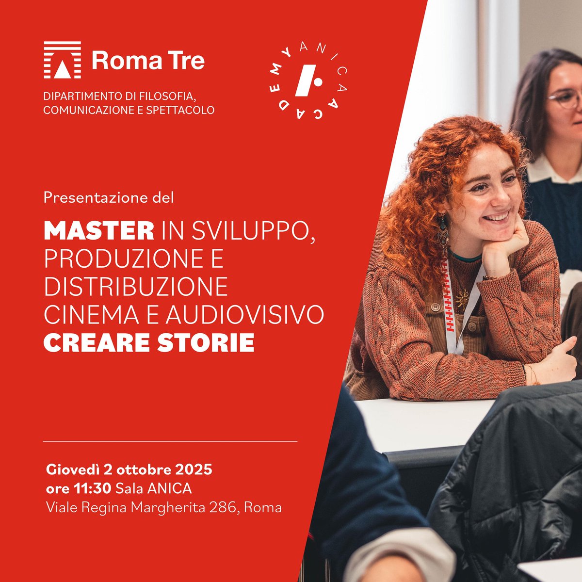 Presentato a Roma il Master in Sviluppo, Produzione e Distribuzione Cinema e Audiovisivo - Creare Storie, organizzato da <a href="/UnivRoma3/">Università Roma Tre</a> e <a href="/AnicaAcademy/">Anica Academy</a> ETS, in programma da gennaio 2026.

Informazioni su: anicaacademy.org/corsi/creare-s…