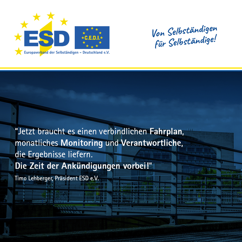 Bürokratieabbau &amp; Digitalisierung dürfen keine leeren Versprechen bleiben. Der ESD fordert klare Fristen, Erfolgskontrolle &amp; einen Praxischeck. Jetzt zählen Ergebnisse für Selbständige &amp; KMU. 👉 bit.ly/4okXwLp

#ESDeV #KMU #Bürokratieabbau