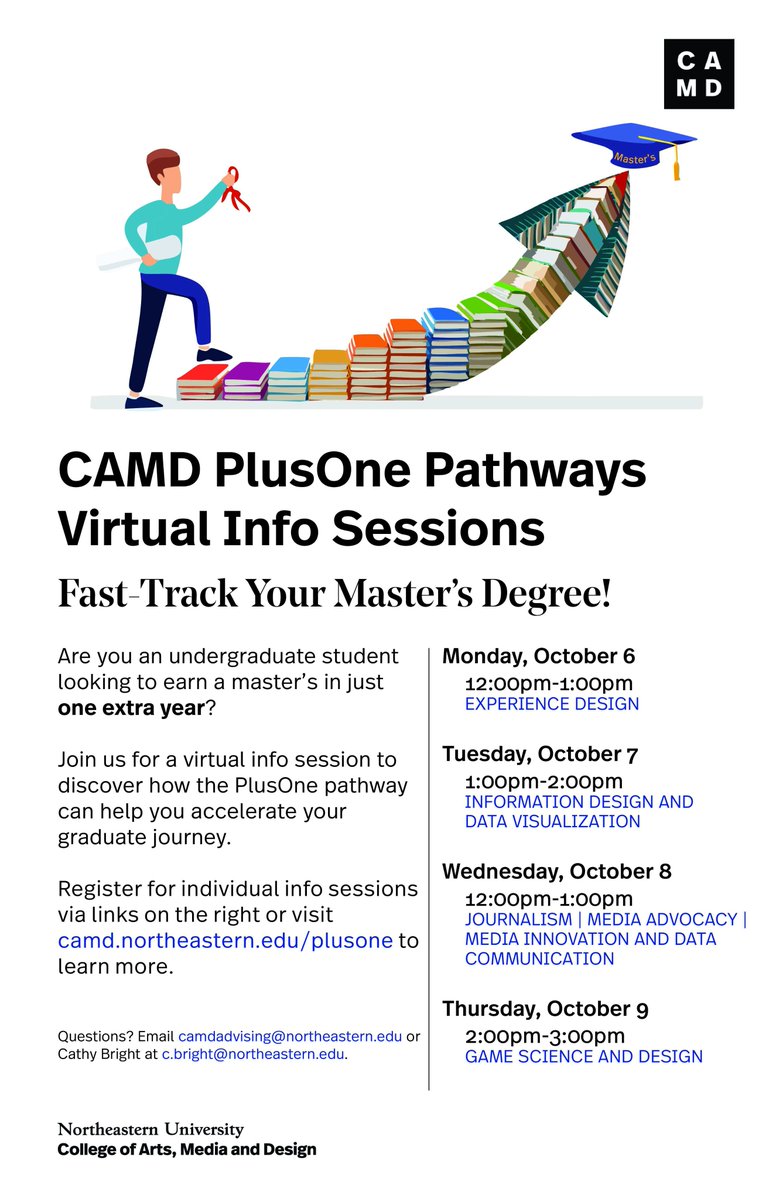 NUjournalism's tweet image. Learn about the @NU_CAMD PlusOne accelerated master&apos;s program at Northeastern University. 

Each upcoming virtual session will feature a review of the PlusOne Pathway, how it can work for you, and next steps to apply!