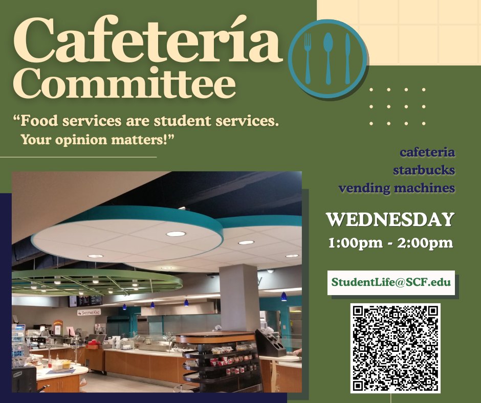 Hey SCF! Next Wednesday 10/8 will be the monthly Cafeteria Committee meeting. We encourage students on all 3 campuses to join. There is a QR code with the Teams meeting link below. If you can come in person, we will be in Bldg 14-148. The cafeteria will be providing free snacks!