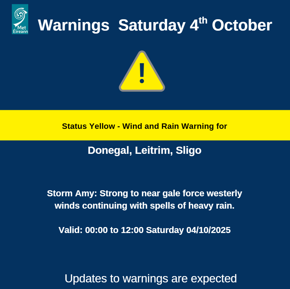 MetEireann's tweet photo. #WarningUpdates for Friday 3rd October and Saturday 4th October. 

Previous warnings remain valid and are available on our website.

Please keep up to date on our website👇 https://t.co/w5QtJ1V6un

#StormAmy https://t.co/sYGmhHefwD